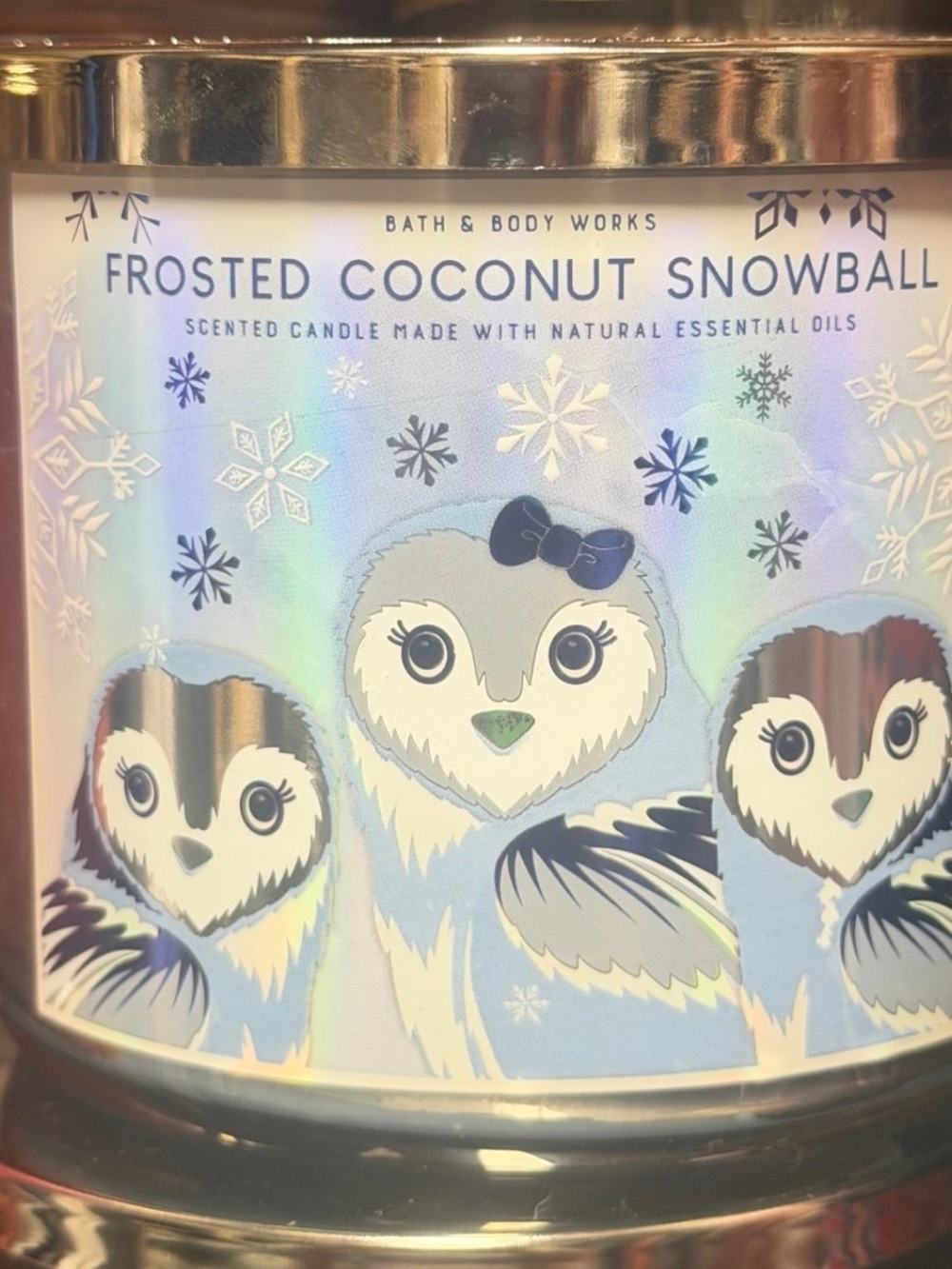 Bath & Body Works Frosted Coconut Snowball Candle - Blue & White Owl Design